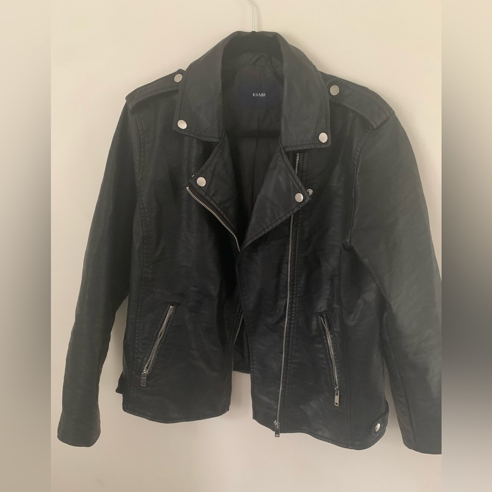 centered leather biker jacket